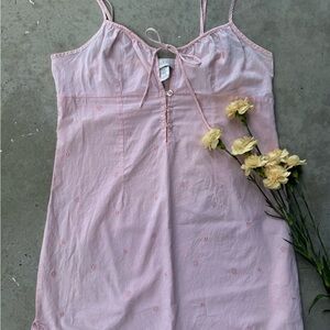 Pink embroidered Mini Dress with Spaghetti Straps and tie front with buttons